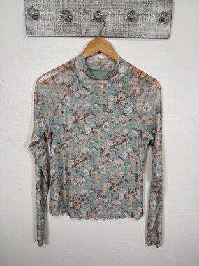 Floral Mesh Long Sleeve Top Lettuce Hem Mint Green Medium Sheer Boho Fairy